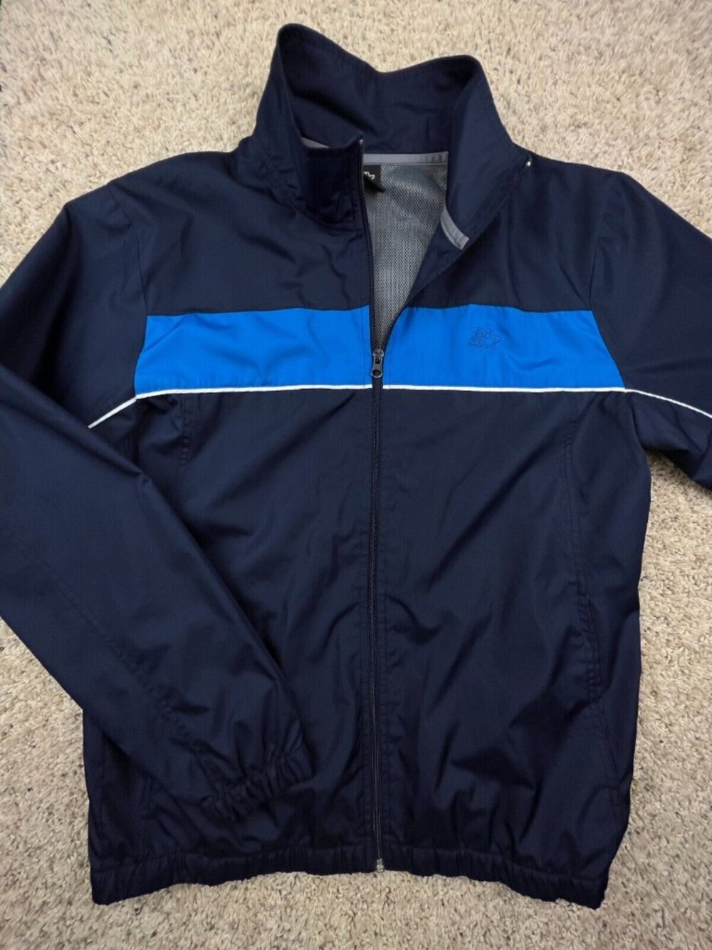 Starter Jacket Blue Full Zip Windbreaker Size Medium Adult w Pockets, Logo